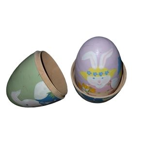 Vintage Wooden Nesting Painted Easter Eggs Set of 4 Bunny Family DAD Mom 2 Kids